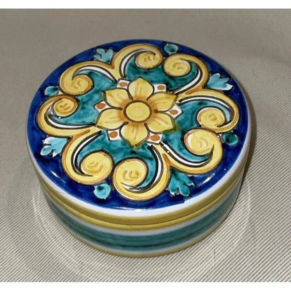 Mexican Talavera Pottery Round Trinket Box‎ Dish Jewelry Floral Flowers Colorful